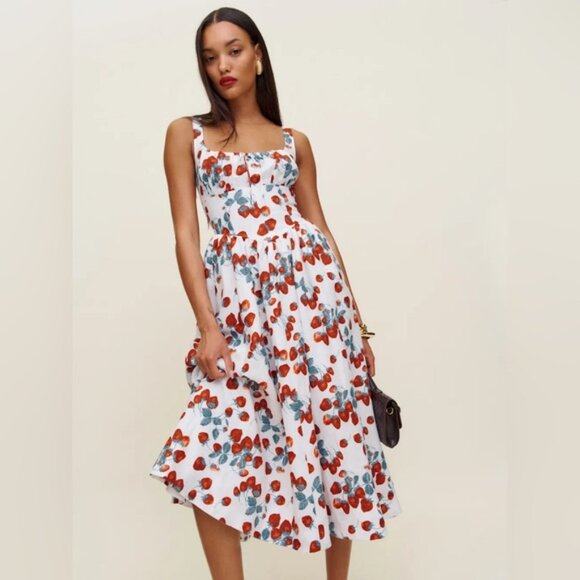 NEW Reformation Balia Midi Linen Dress in Strawberry Jam White Red | US 2 - Picture 4 of 14